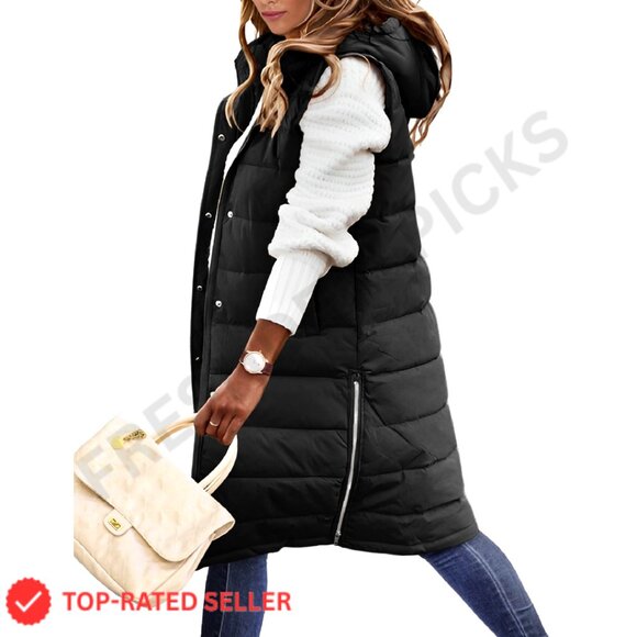 Long Hooded Puffer Vest Sleeveless Thigh-Length Thermal Winter Coat Chic Minimal